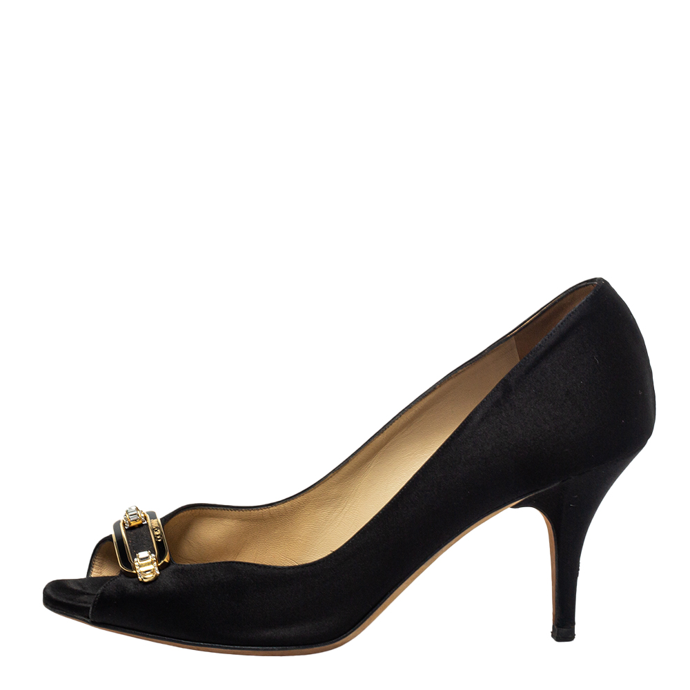 

Jimmy Choo Black Satin Logo Embellished Peep Toe Pumps Size