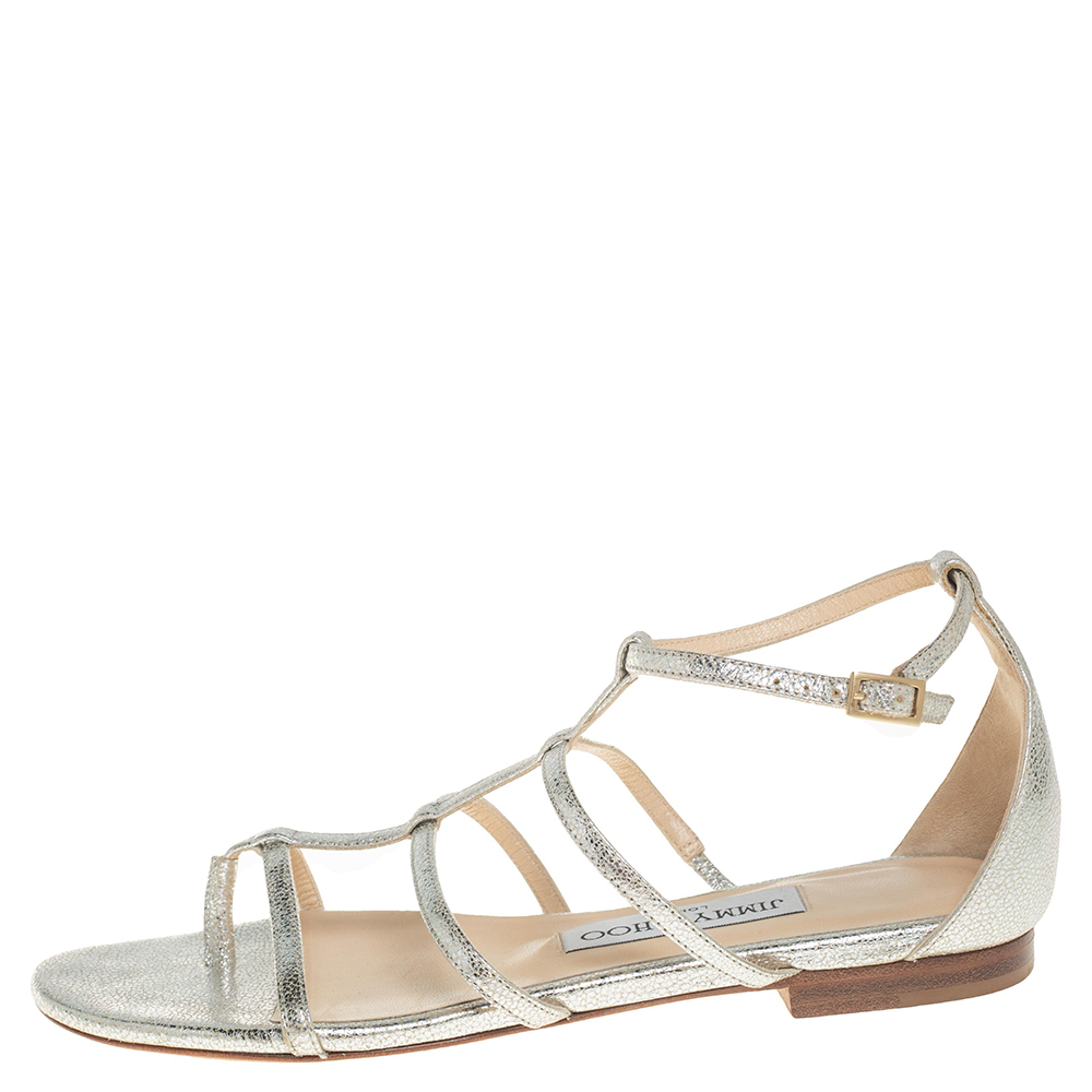 

Jimmy Choo Metallic Silver Textured Leather Dory Open Toe Flat Sandals Size