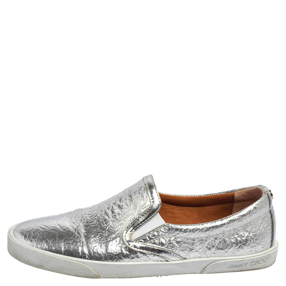 

Jimmy Choo Silver Leather Slip on Sneakers Size