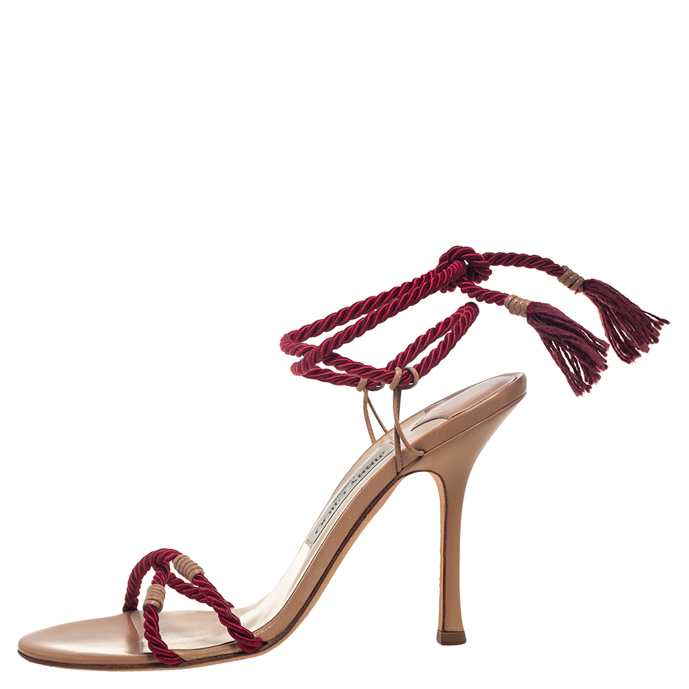 

Jimmy Choo Red Cotton Rope Ankle Wrap Sandals Size