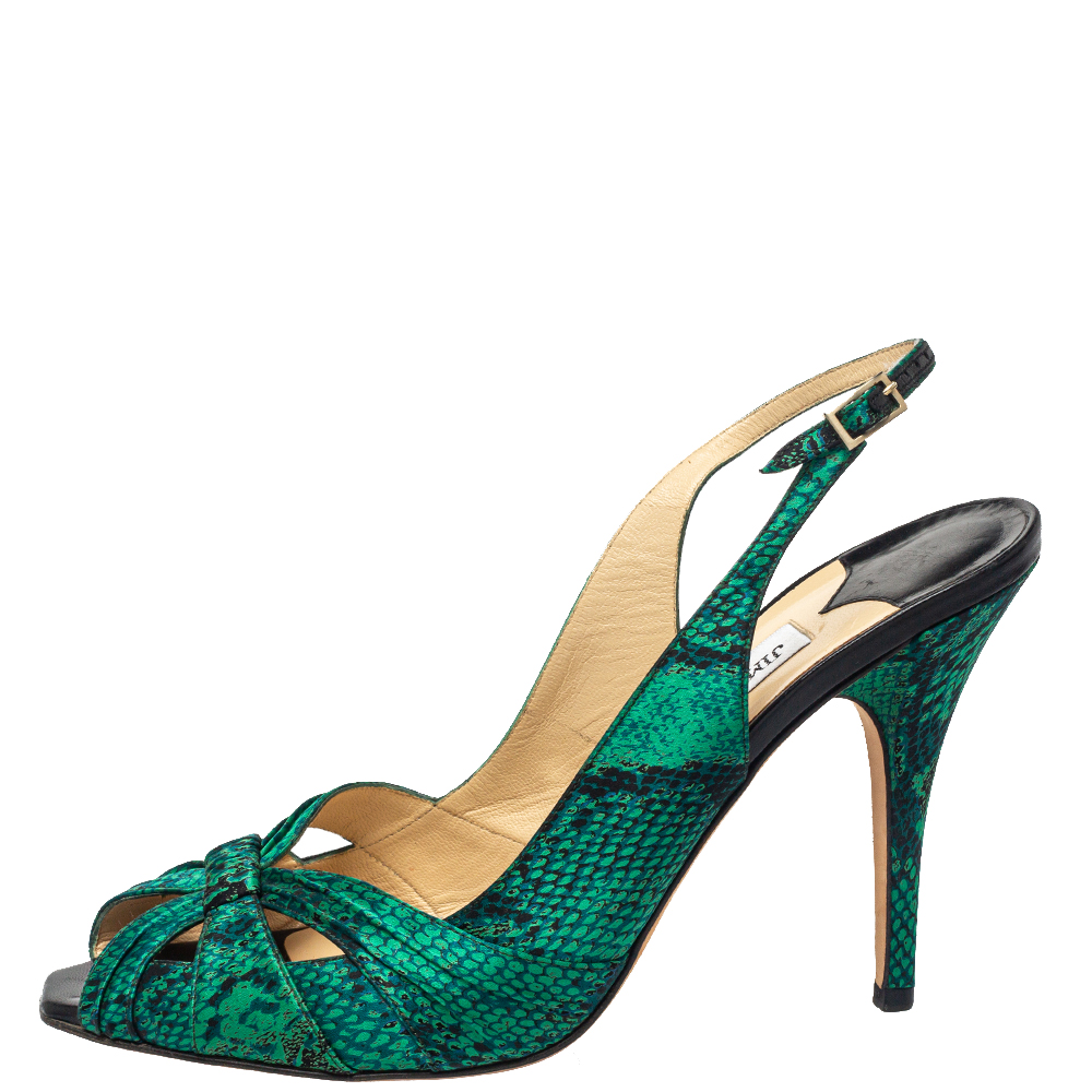

Jimmy Choo Dark Green Python Embossed Leather Sandals Size