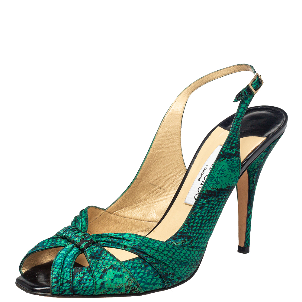 Click to view more detailed imagery on our partner's website Pre-owned Jimmy Choo Dark Green Python Embossed Leather Sandals Size 40