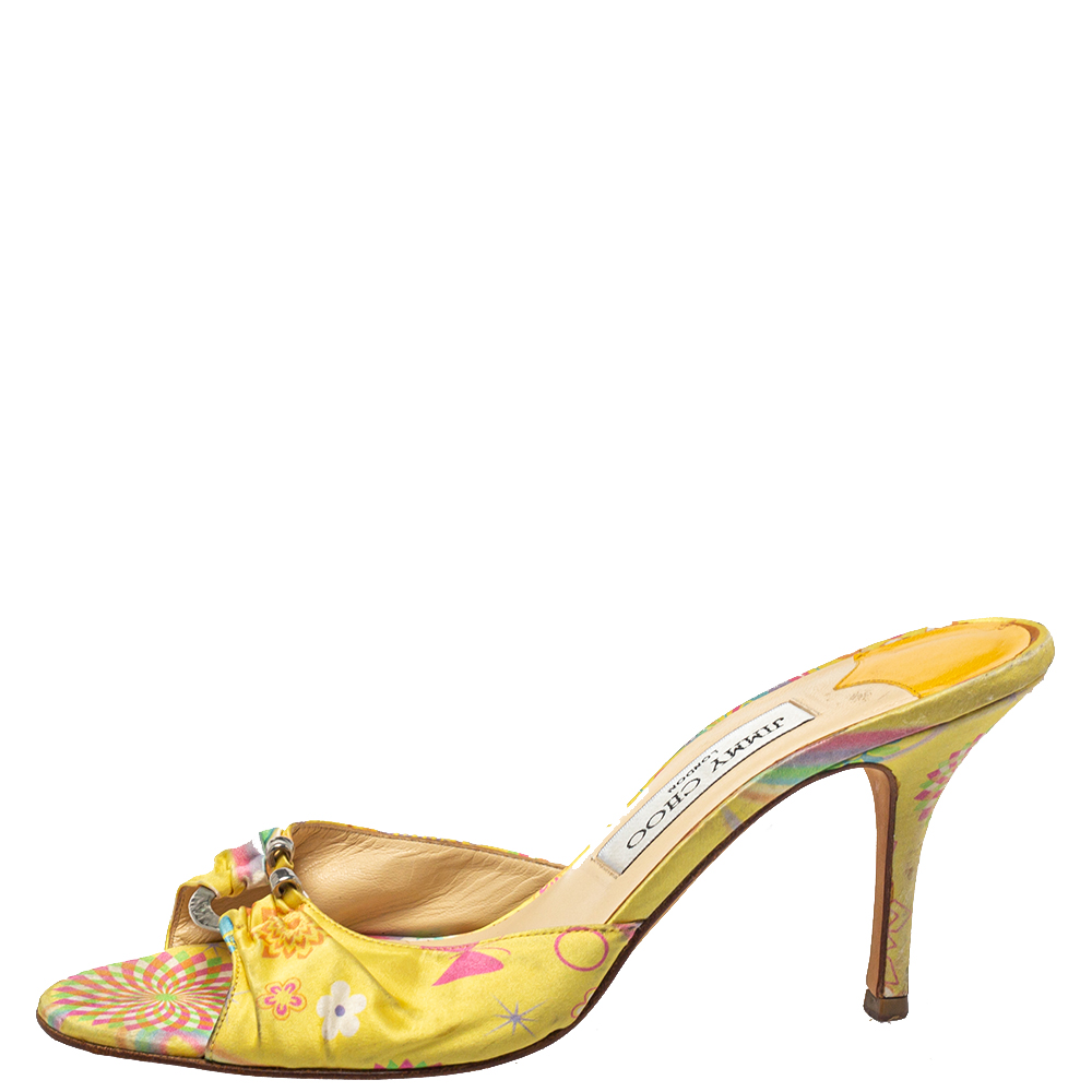 

Jimmy Choo Yellow Printed Satin Slide Sandals Size