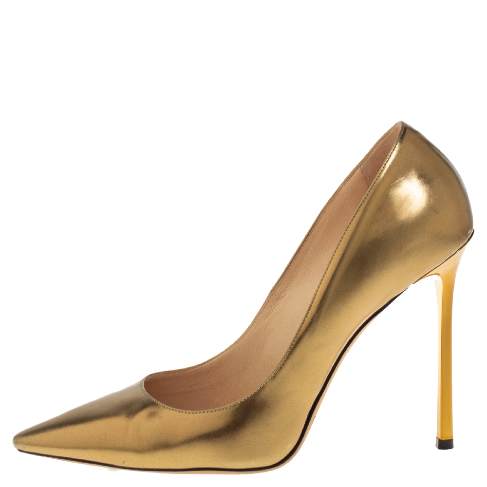 

Jimmy Choo Gold Leather Romy Pointed Poe Pumps Size