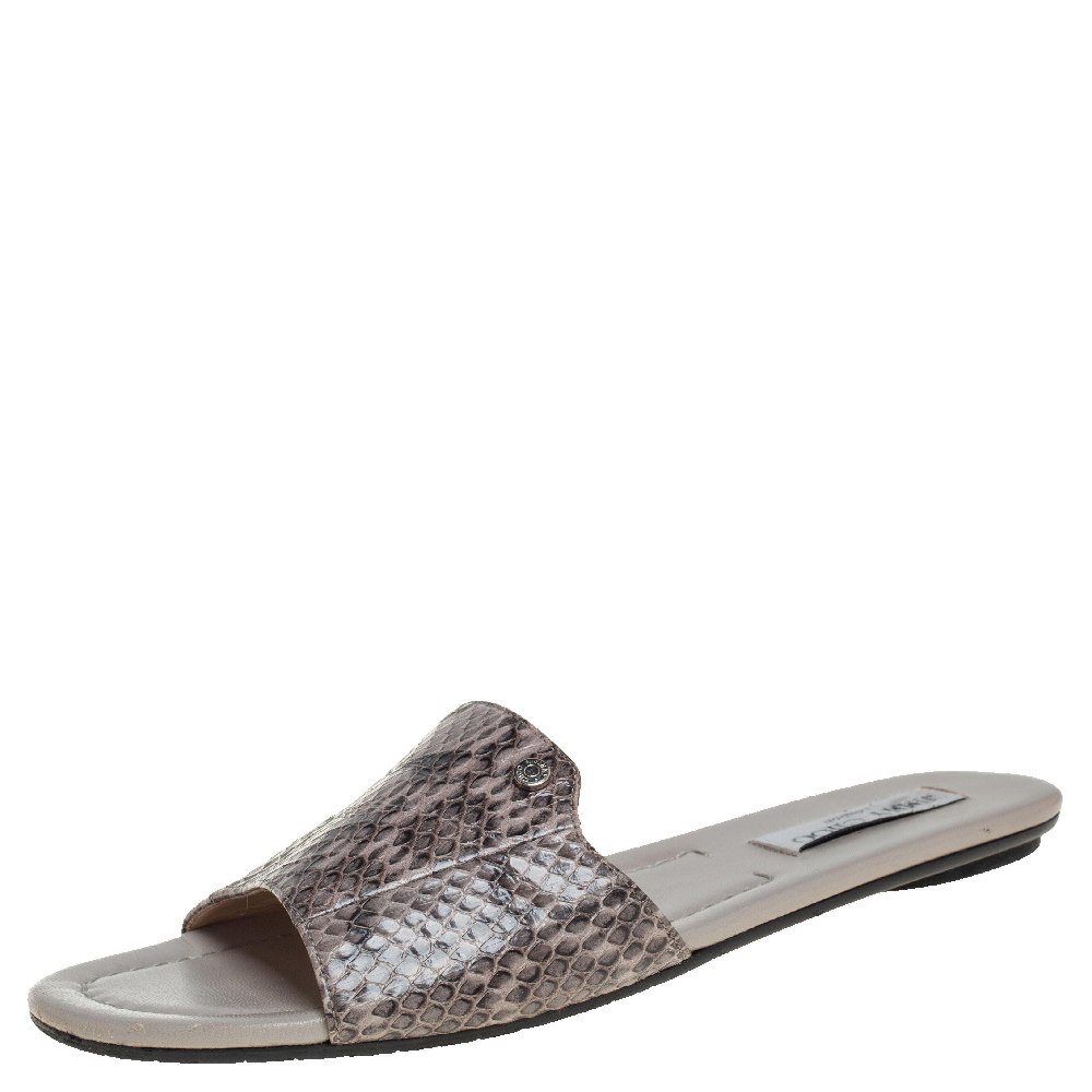Click to view more detailed imagery on our partner's website Pre-owned Jimmy Choo Grey/black Python Embossed Leather Nanda Flat Slides Size 40