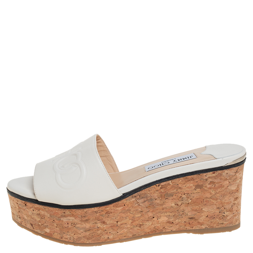 

Jimmy Choo White Leather Deedee Cork Wedge Slide Sandals Size