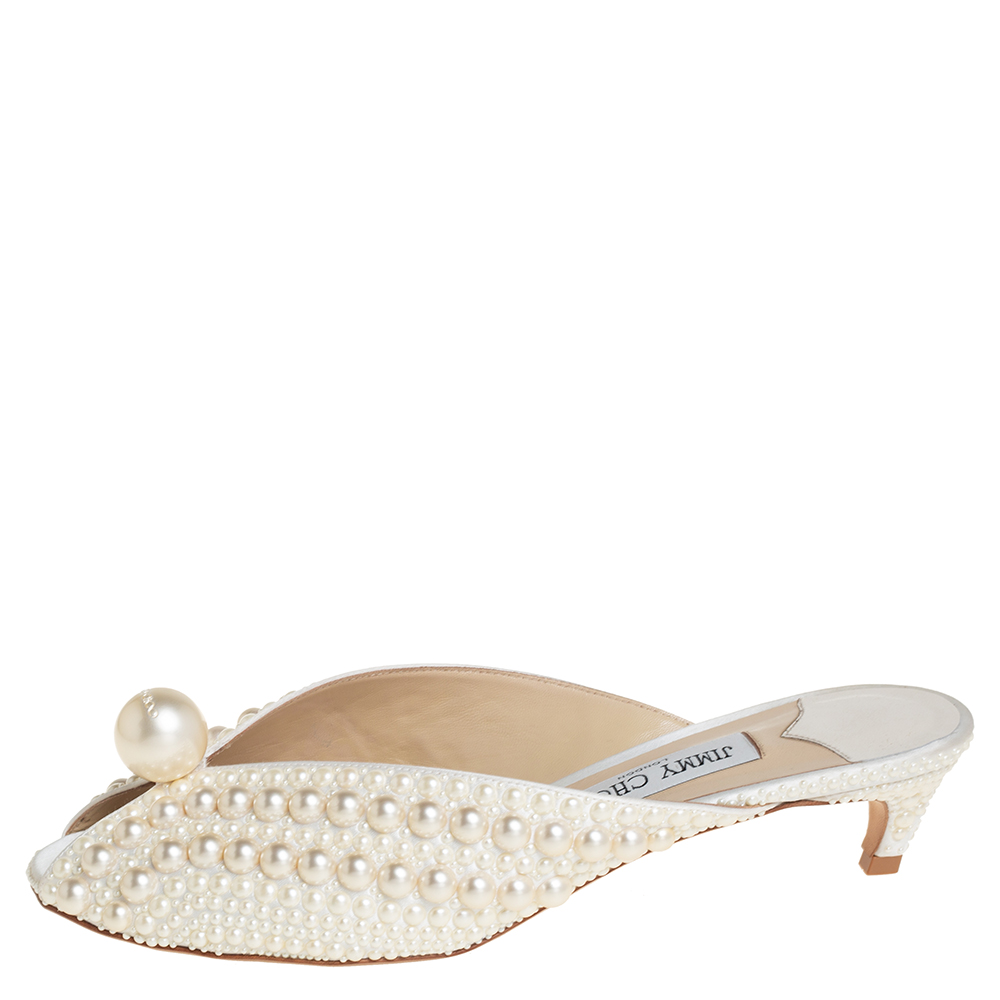 

Jimmy Choo Cream Satin Samantha Pearl Embellished Mules Size