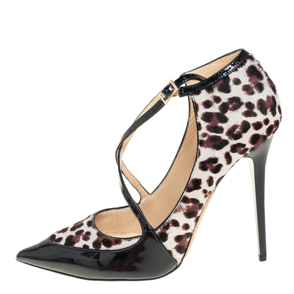 

Jimmy Choo Black/White Leopard Printed Fur And Patent Leather Crisscross Pumps Size