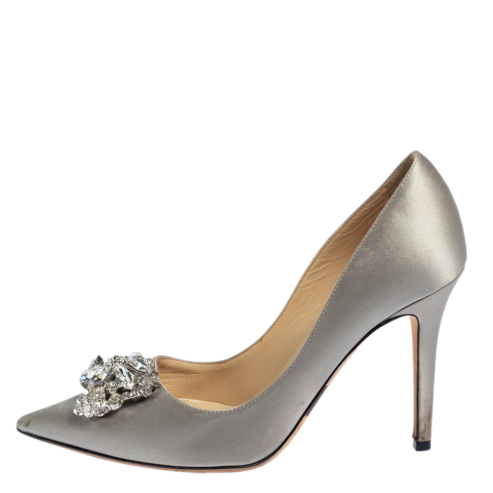 

Jimmy Choo Grey Satin Manda Crystal Embellished Pointed Toe Pumps Size