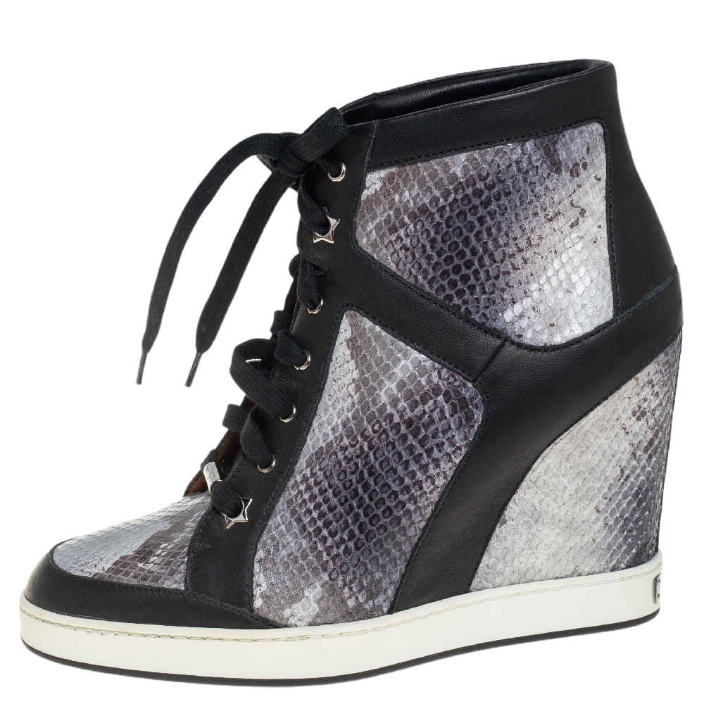 

Jimmy Choo Tri Color Leather and Python Embossed Leather Panama Wedge Sneakers Size, Multicolor