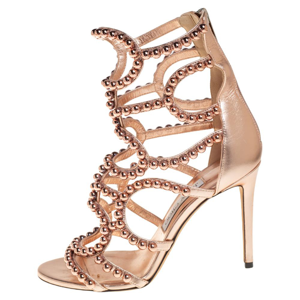 

Jimmy Choo Metallic Rose Gold Leather Leja 100 Sandals Size