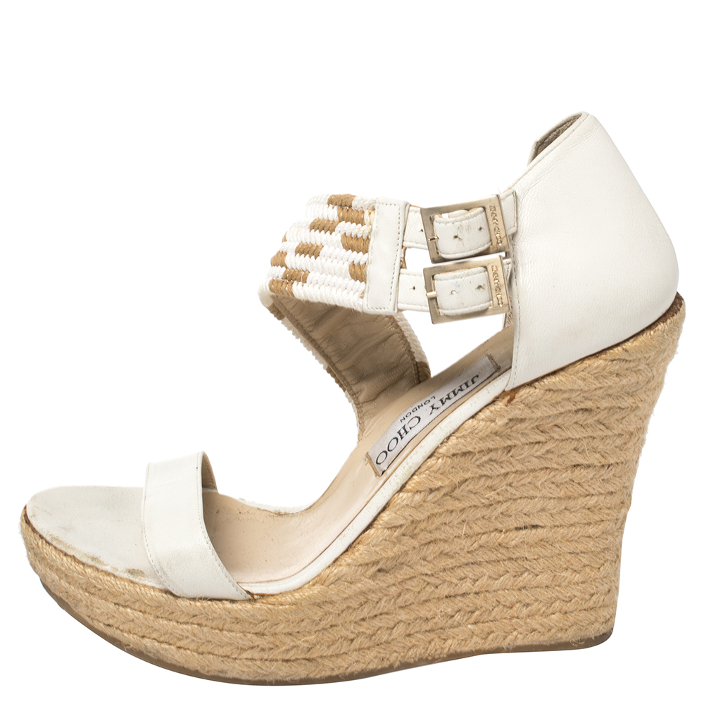 

Jimmy Choo White Leather Woven Cross Strap Espadrille Wedge Sandals Size