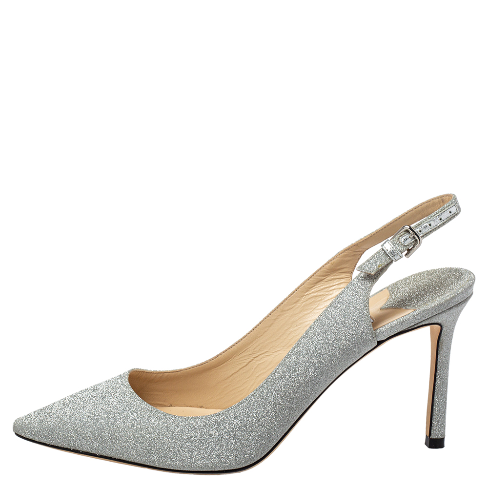 

Jimmy Choo Silver Glitter Slingback Pumps Size