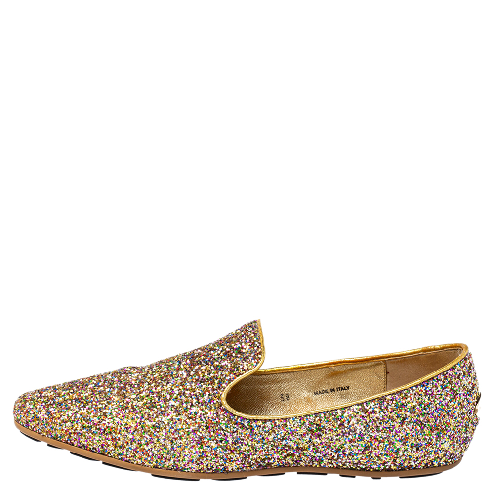 

Jimmy Choo Gold Glitter Sloane Smoking Slippers Size