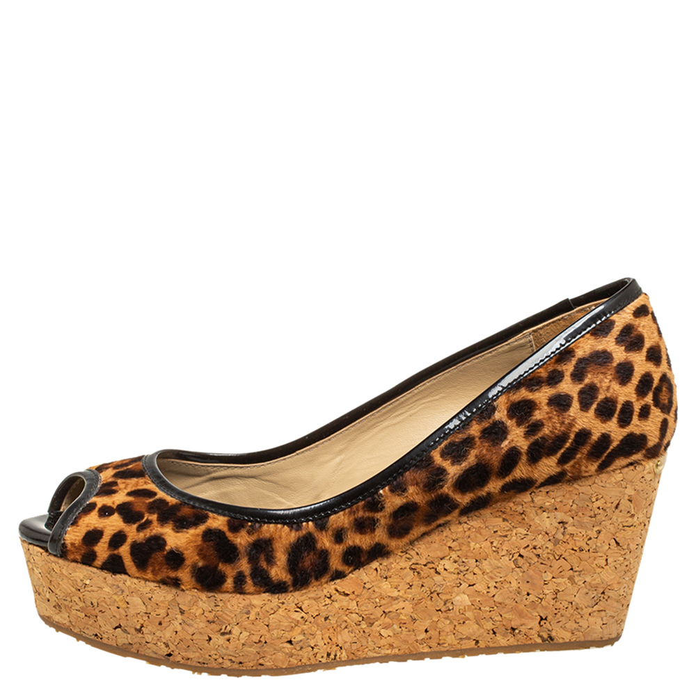 

Jimmy Choo Leopard Print Calf Hair And Patent Leather Papina Peep Toe Wedge Pumps Size, Brown
