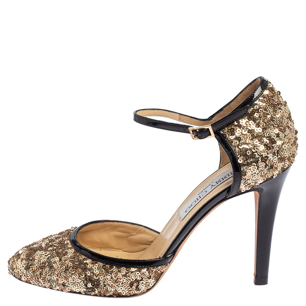 

Jimmy Choo Gold Patent Leather And Sequin Tessa Ankle Strap Sandals Size