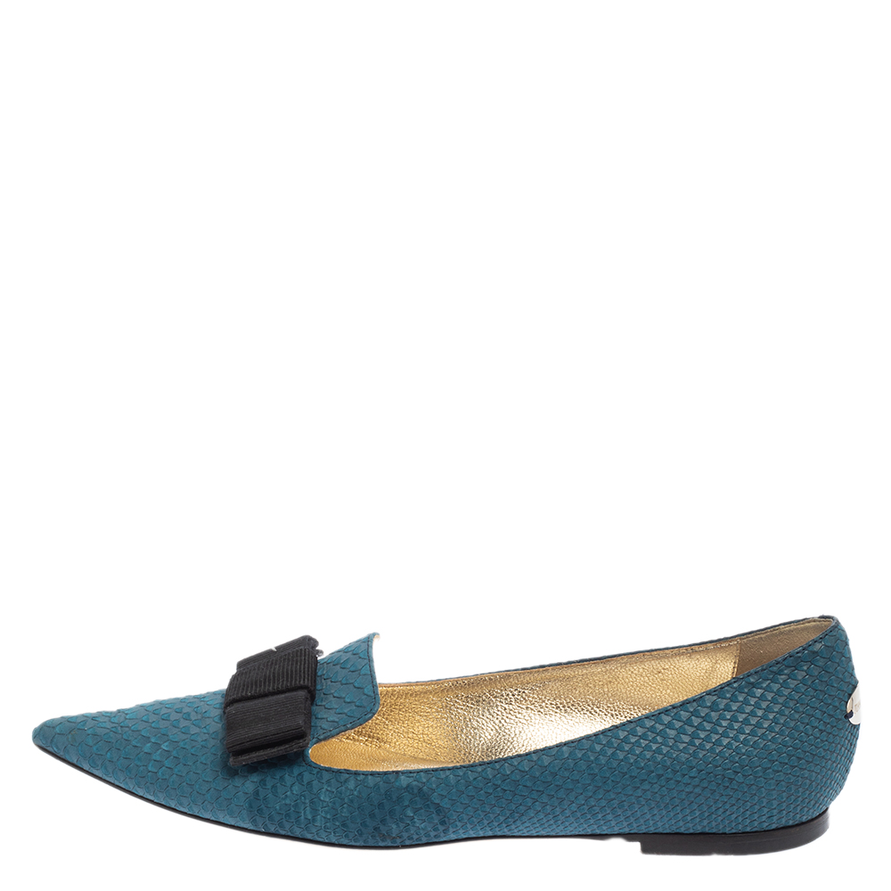 

Jimmy Choo Blue Snake Embossed Leather Gala Bow Ballet Flats Size