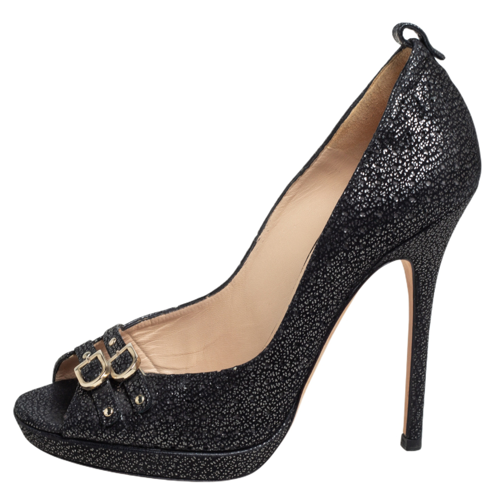 

Jimmy Choo Black Nubuck Open Toe Buckle Pumps Size
