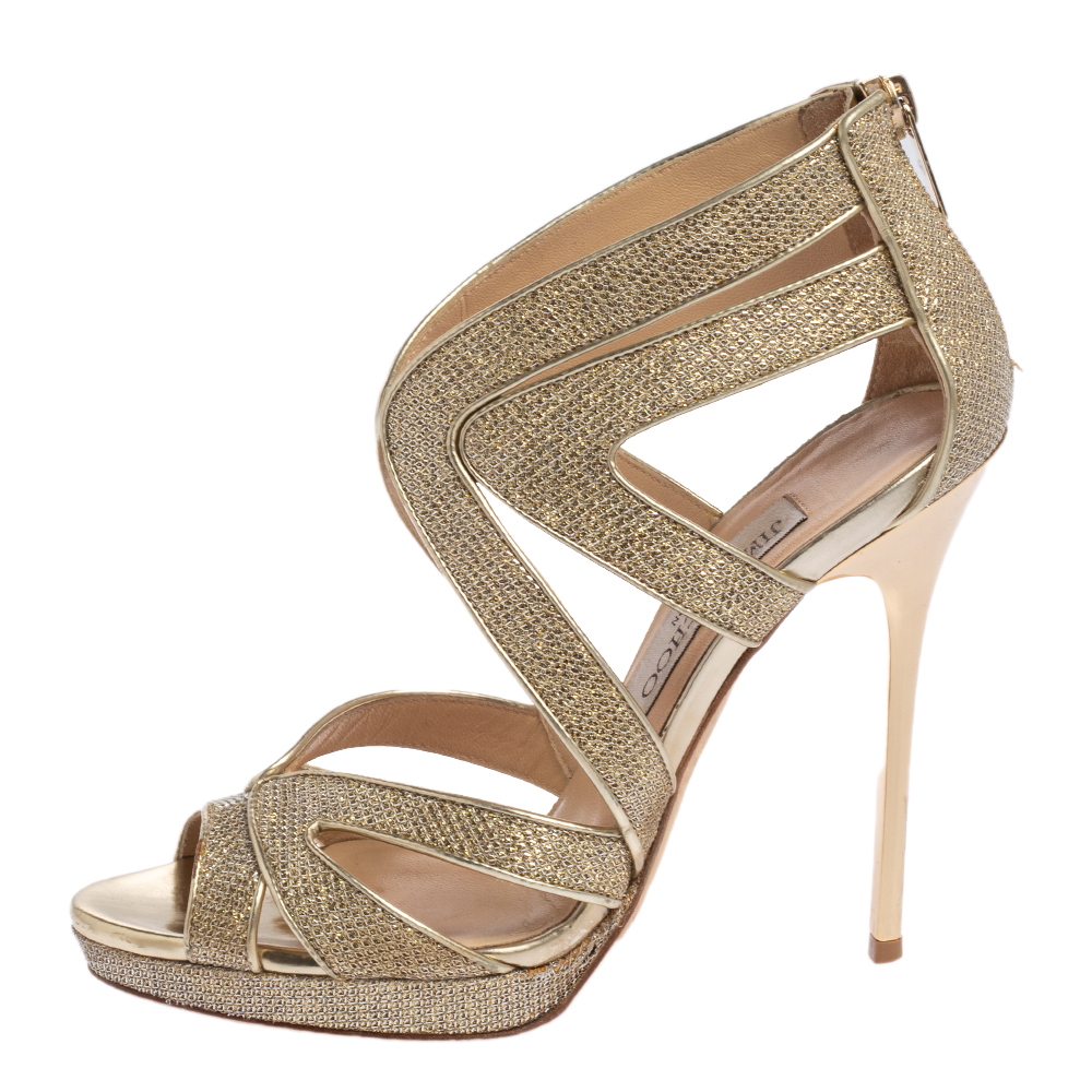 

Jimmy Choo Gold Glitter And Leather Lance Strappy Sandals Size