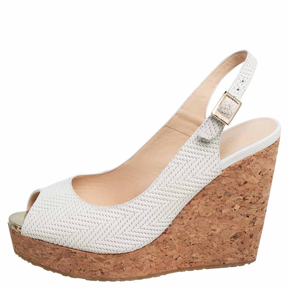 

Jimmy Choo White Woven Leather Prova Cork Wedge Sandals Size