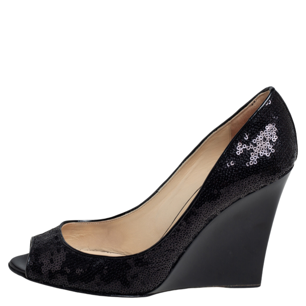 

Jimmy Choo Black Sequins Peep Toe Wedge Pumps Size