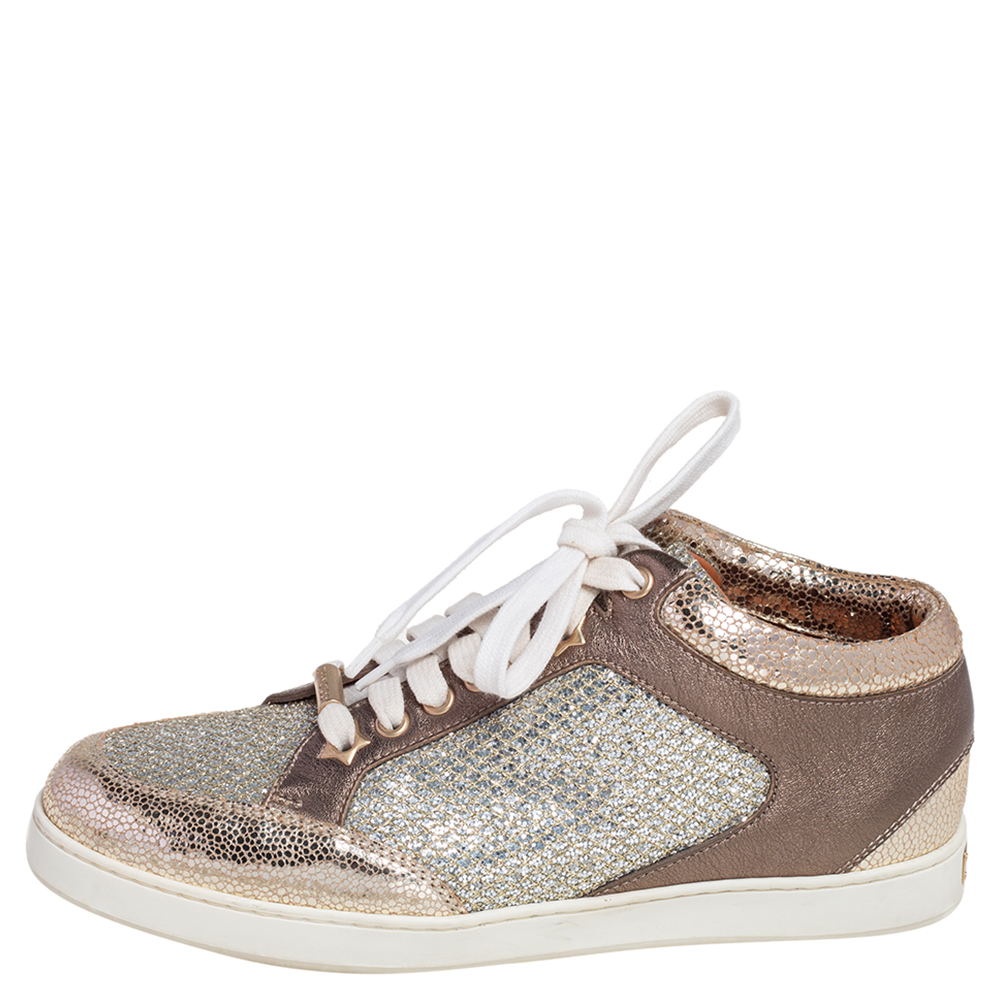 

Jimmy Choo Gold Glitter and Leather Trainer Low Top Sneakers Size, Metallic