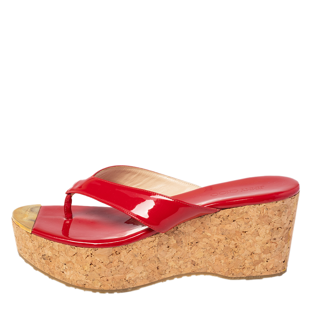 

Jimmy Choo Red Patent Leather Thong Cork Wedge Sandals Size