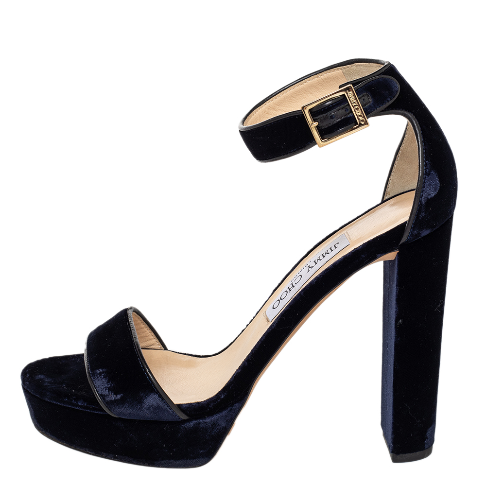 

Jimmy Choo Navy Blue/Black Velvet And Leather Platform Ankle Strap Sandals Size