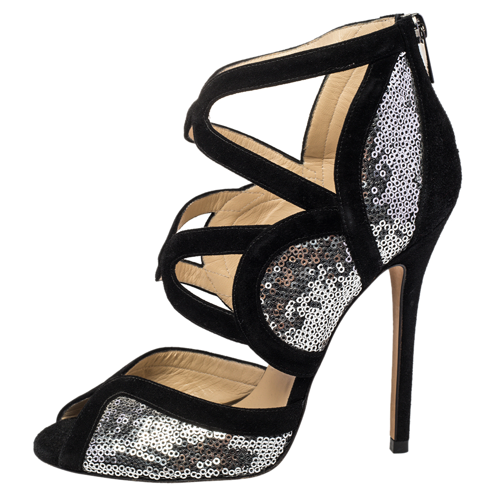 

Jimmy Choo Black Suede and Silver Sequins Tempest Sandals Size