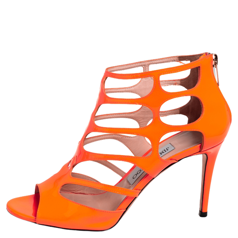 

Jimmy Choo Neon Orange Patent Leather Cutout Sandals Size