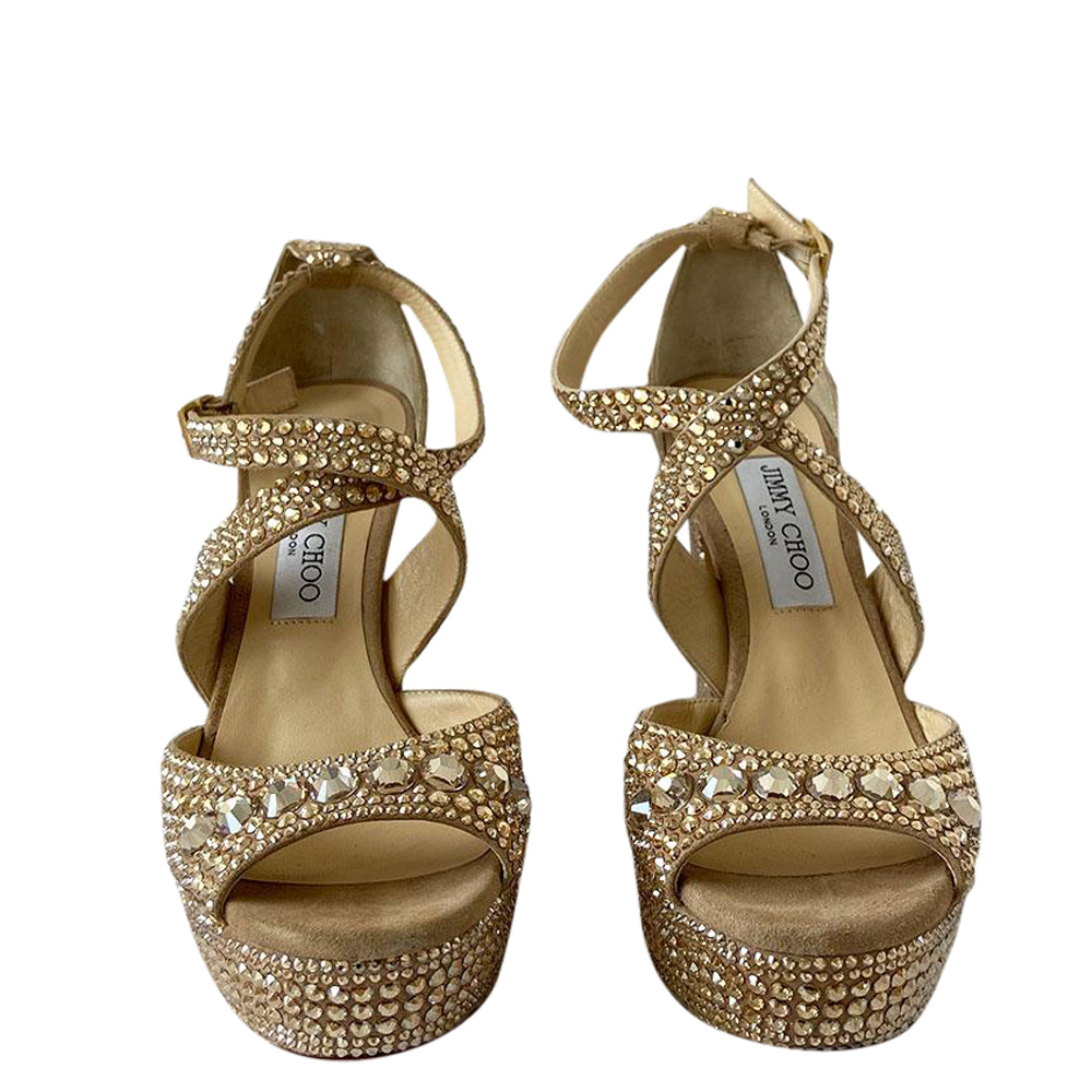 

Jimmy Choo Gold-Tone Crystal Embellished Platform Criss-Cross Sandals Size EU, Beige