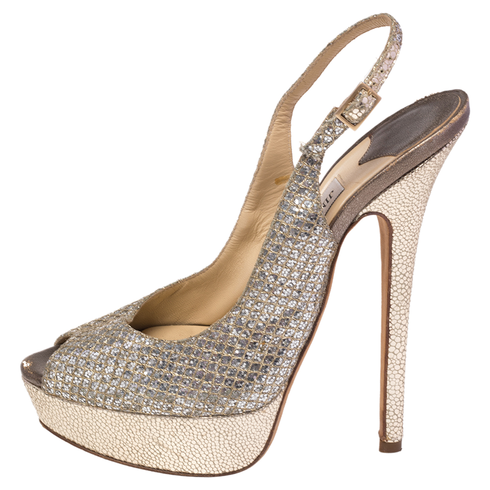 Jimmy Choo Gold/Silver Glitter and Leather Vita Peep Toe Slingback Sandals Size