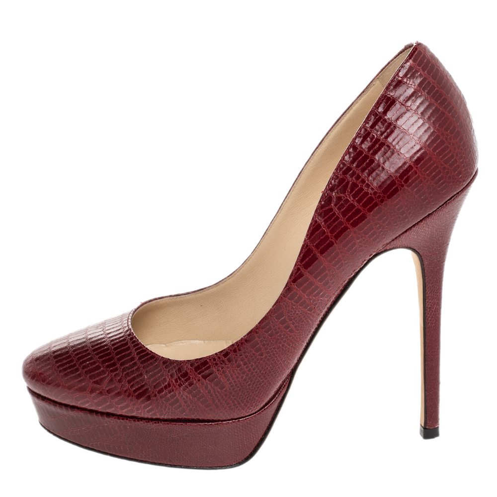 

Jimmy Choo Red Lizard Embossed Leather Cosmic Pumps Size