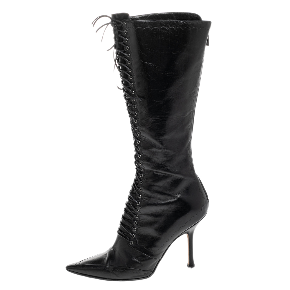 

Jimmy Choo Black Leather Lace Up Knee Length Boots Size