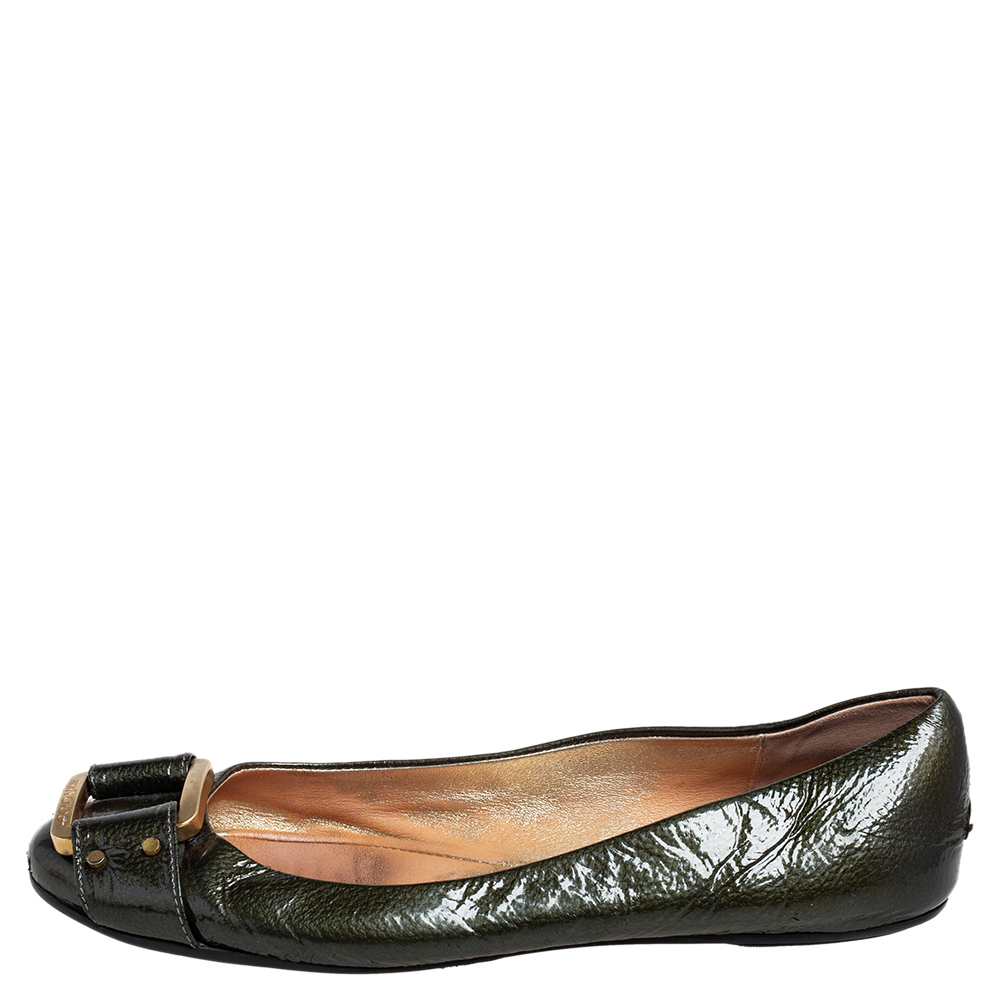 

Jimmy Choo Dark Green Patent Leather Morse Flats Size