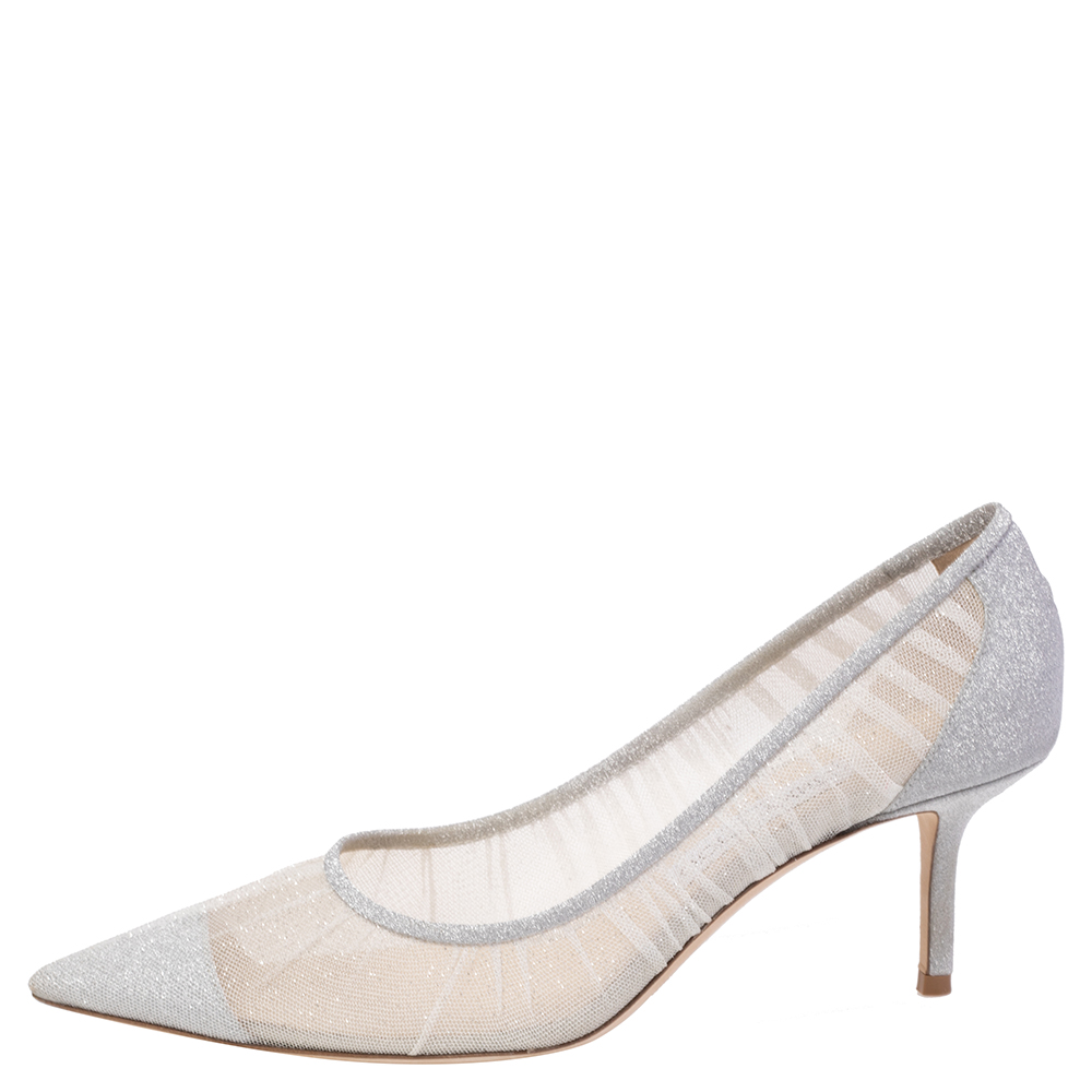 

Jimmy Choo Silver/White Mesh and Glitter Fabric Tulle Love Pumps Size