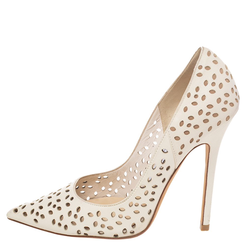 

Jimmy Choo Cream Laser Cut Leather Romy Pumps Size