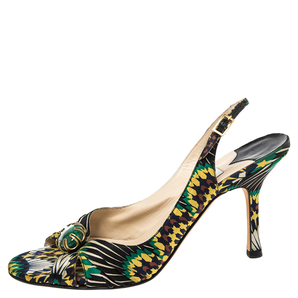 

Jimmy Choo Multicolor Printed Satin Green Stone Embellished Slingback Sandals Size