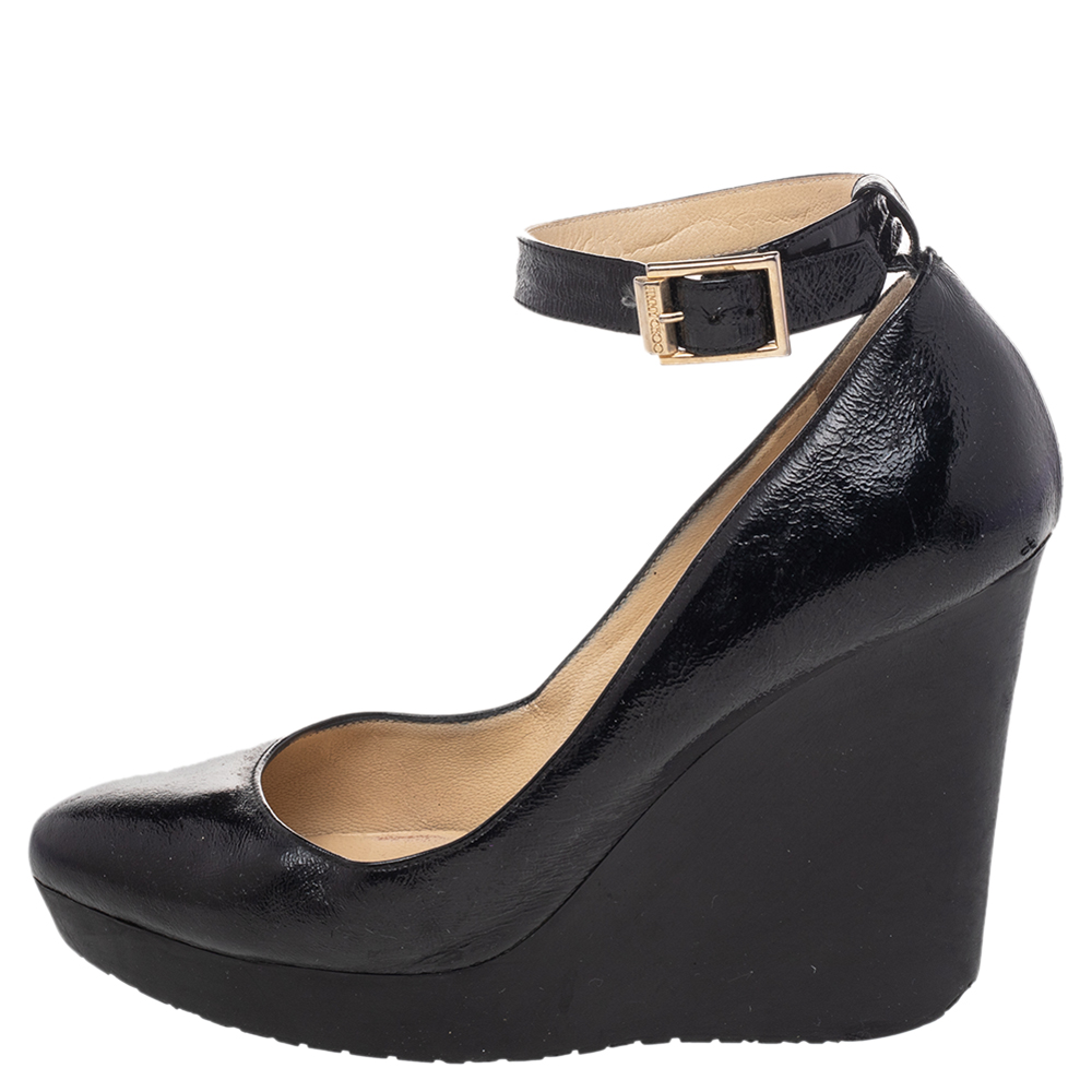 

Jimmy Choo Black Leather Ankle Strap Wedge Pumps Size