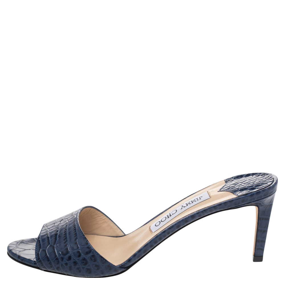 

Jimmy Choo Blue Croc Embossed Leather Minea Slide Sandals Size