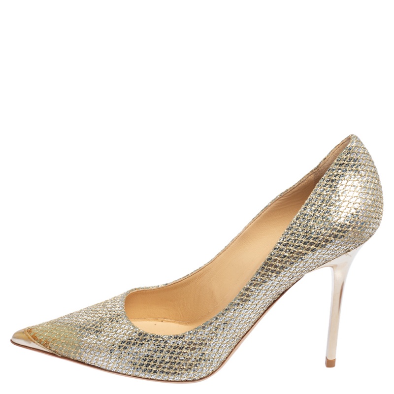 

Jimmy Choo Gold Glitter and Fabric Romy Pointed Toe Pumps Size