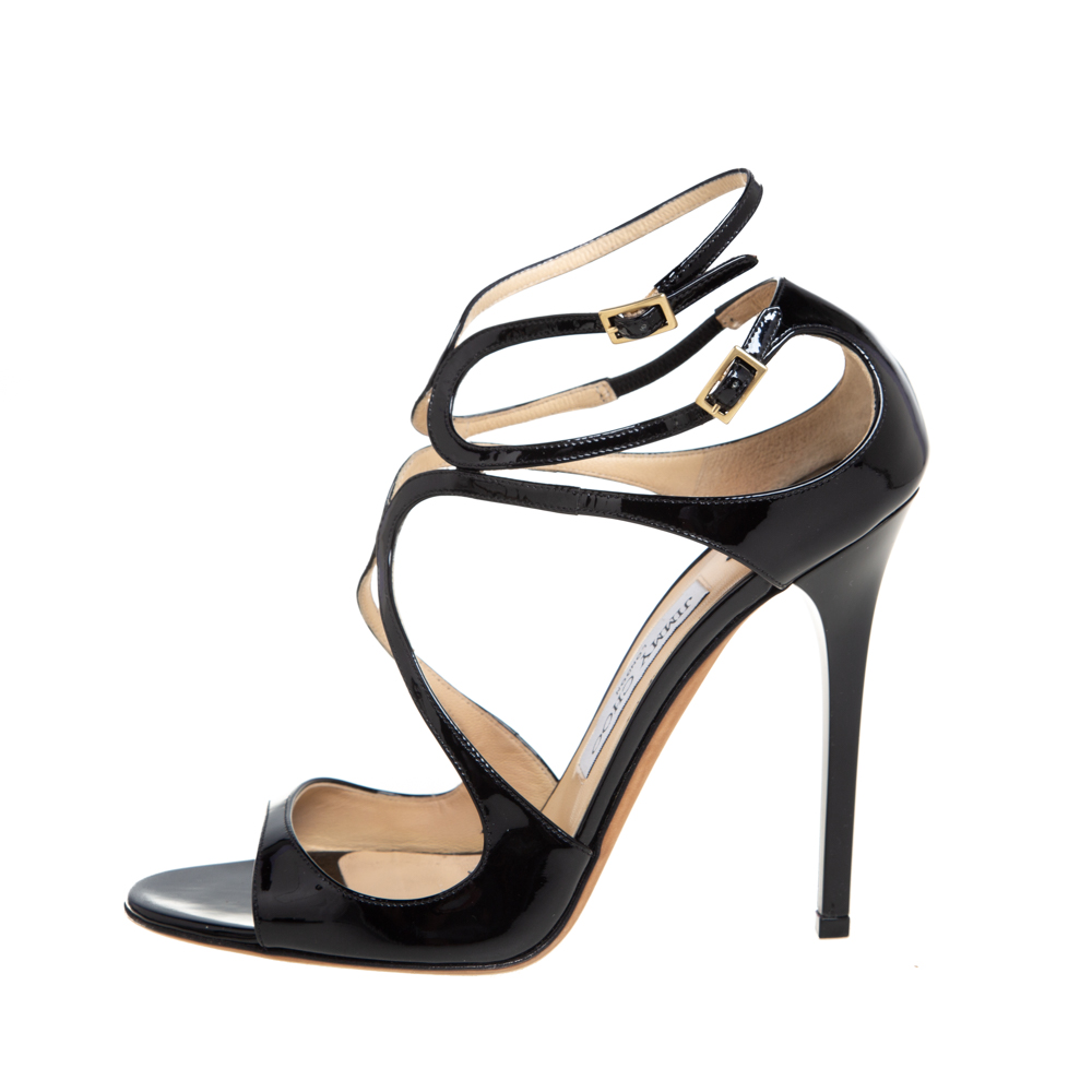 

Jimmy Choo Black Patent Leather Ivette Ankle Strap Sandals Size