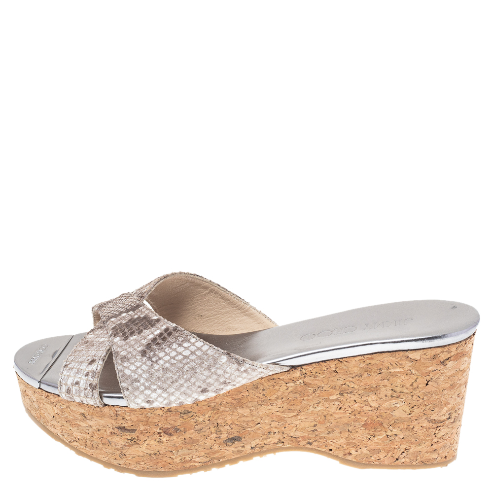 

Jimmy Choo Grey Python Embossed Leather Wedge Sandals Size