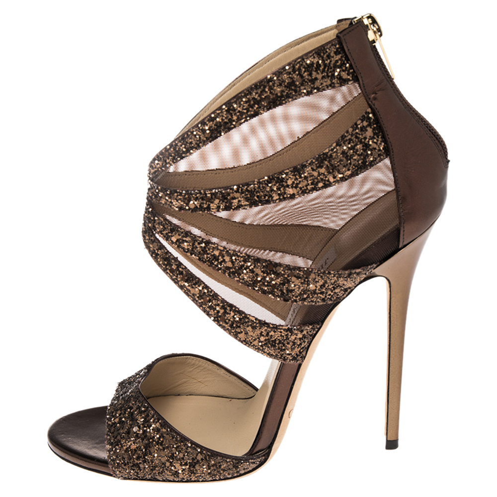 

Jimmy Choo Metallic Gold Glitter And Net Sandals Size