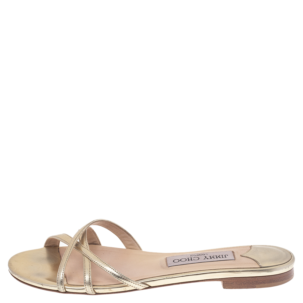 

Jimmy Choo Metallic Gold Patent Leather Flat Sandals Size