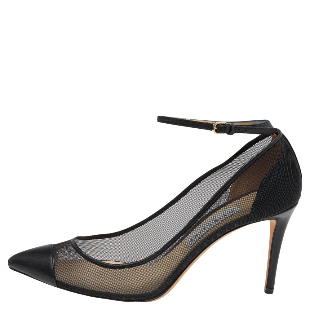 

Jimmy Choo Black Mesh And Leather Tower Ankle Strap Pumps Size