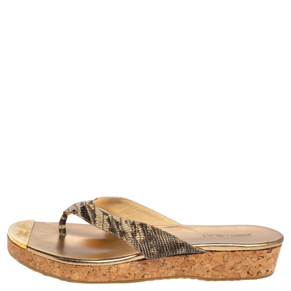 

Jimmy Choo Beige Croc Embossed Leather Thong Wedge Sandals Size, Gold