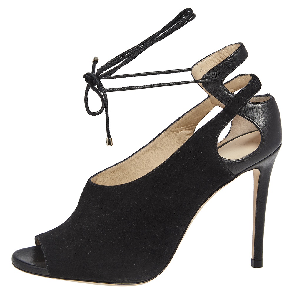 

Jimmy Choo Black Suede And Leather Peep Toe Ankle Wrap Pumps Size