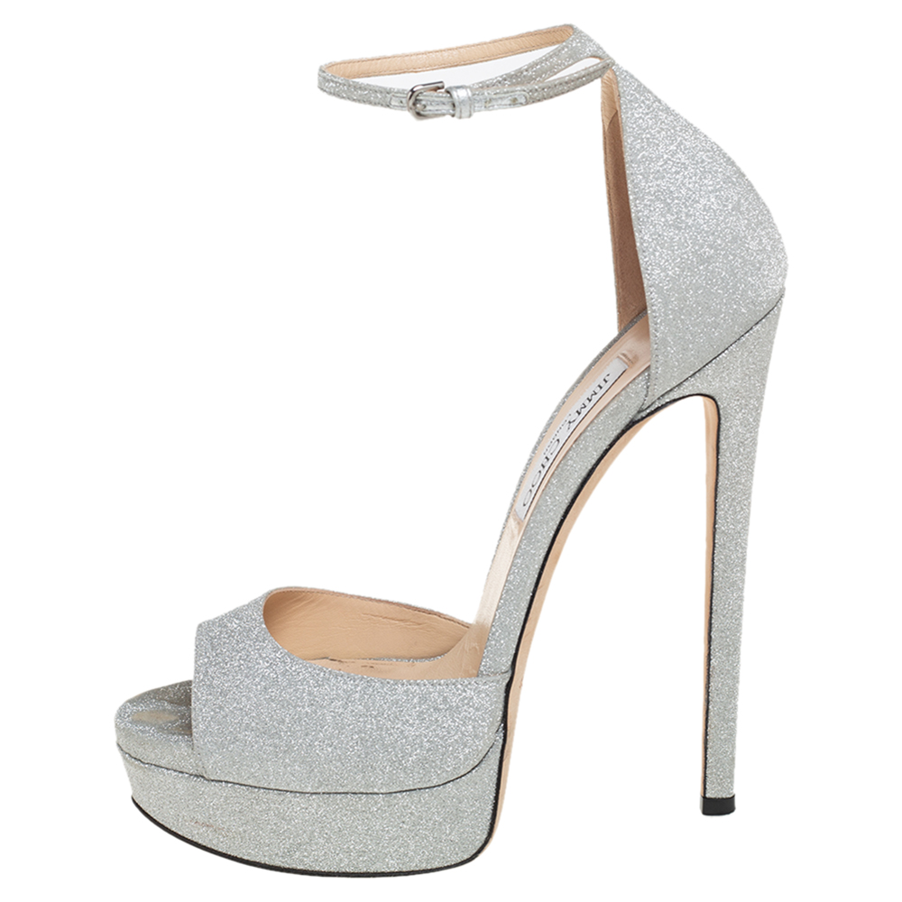 

Jimmy Choo Silver Glitter Leather Max Platform Sandals Size