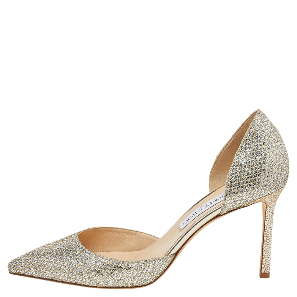 

Jimmy Choo Metallic Glitter Champagne Logan D'orsay Peep Toe Pumps Size